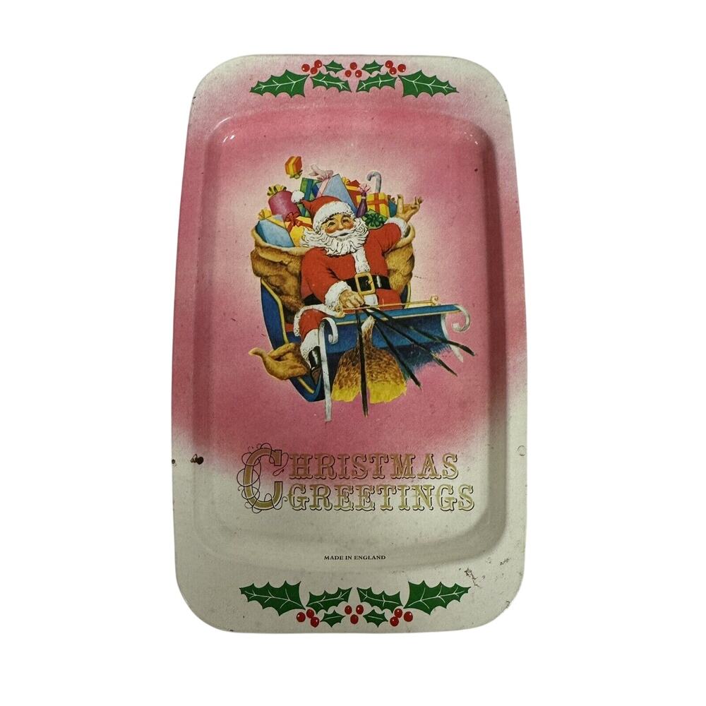 Vintage Tin Metal Christmas Trinket Dish Tray Christmas Greetings Elite England